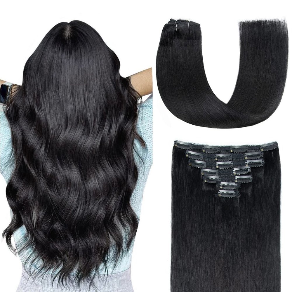 Jet Black Human Hair Clip-in Extensions [16 Inches]